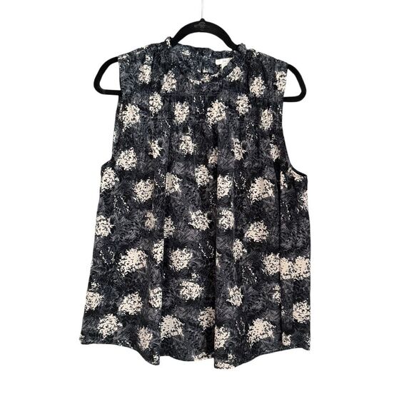 Joie Tops - Joie Black Floral High Smocked Ruffle Neck Sleeveless Top Women Size L Flowy